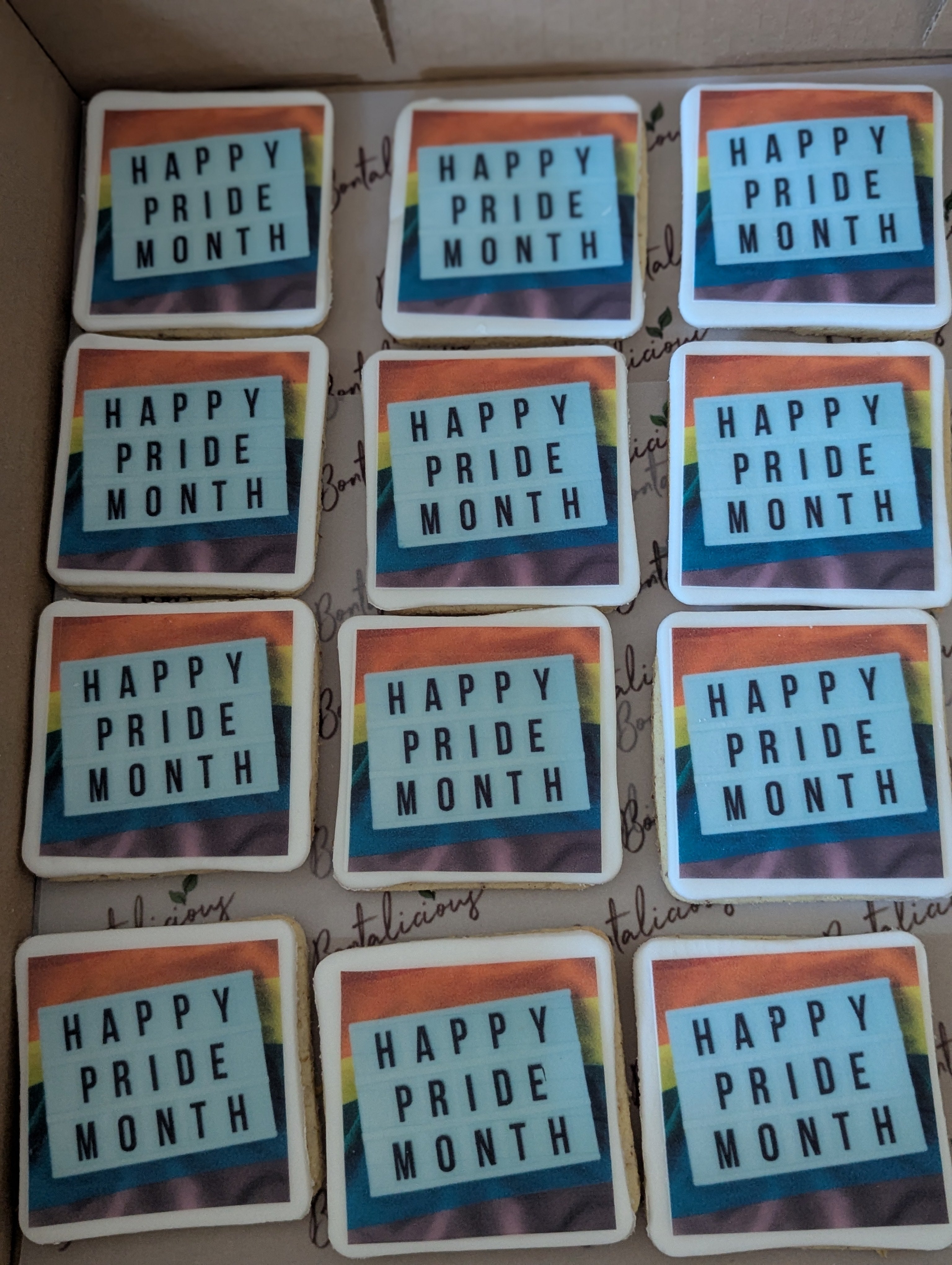 Cookies with 'Happy Pride Month' text in a box